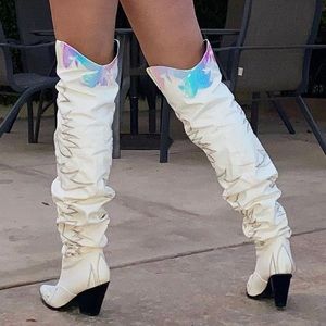 Thigh High White and Iridescent Cow Girl Boots